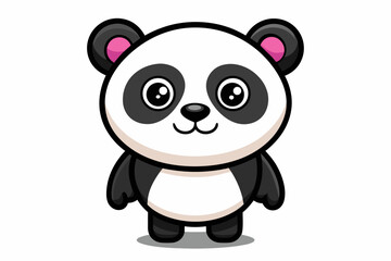 Naklejka premium Adorable cartoon illustration of a standing panda with big round eyes, blushing cheeks, and a happy smile, set against a soft pastel background.