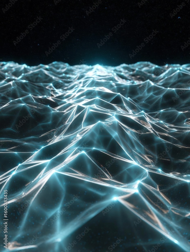 Poster abstract digital art piece that appears to be a 3d rendering of a futuristic landscape. the backgrou