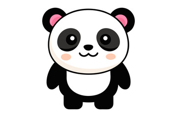 Adorable cartoon illustration of a standing panda with big round eyes, blushing cheeks, and a happy smile, set against a soft pastel background.
