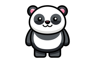 Adorable cartoon illustration of a standing panda with big round eyes, blushing cheeks, and a happy smile, set against a soft pastel background.