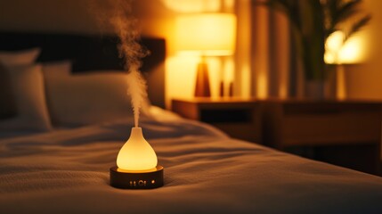 bedroom interior with soothing lighting and essential oils diffuser, promoting relaxation before bed, peaceful atmosphere,