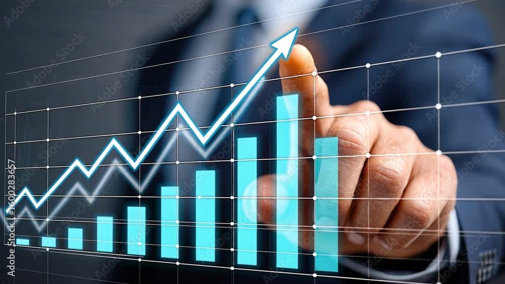 Poster navigating success: a focused hand guides a digital graph's upward trajectory, charting a course tow