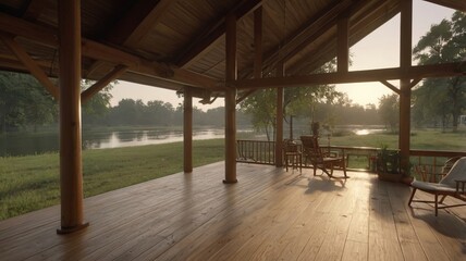 sunset in the tropical resort with wooden sitting place