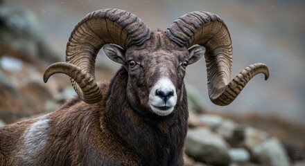 Obraz premium Sheep horns. Close-up of a Mouflon with Large Curved Horns in Nature
