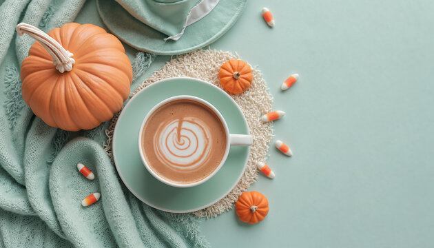 Autumn latte flatlay styled with festive pumpkins and candy corn, in warm orange, brown, and teal, representing seasonal coziness, coffee culture, and holiday vibes for social media, copy space
