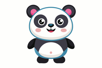 Adorable cartoon illustration of a standing panda with big round eyes, blushing cheeks, and a happy smile, set against a soft pastel background.
