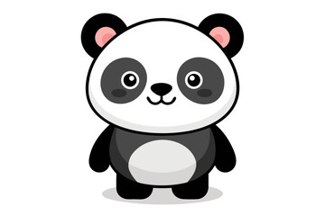 Adorable cartoon illustration of a standing panda with big round eyes, blushing cheeks, and a happy smile, set against a soft pastel background.