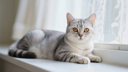 Naklejka premium A gray tabby cat with striking yellow eyes lounges comfortably on a windowsill, bathed in soft natural light.