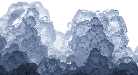 Close up view of translucent blue and white crystals with geometric shapes on a bright background