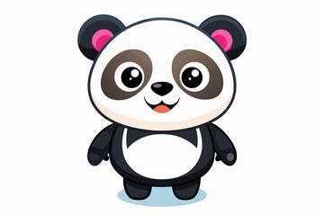 Adorable cartoon illustration of a standing panda with big round eyes, blushing cheeks, and a happy smile, set against a soft pastel background.