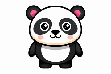 Adorable cartoon illustration of a standing panda with big round eyes, blushing cheeks, and a happy smile, set against a soft pastel background.