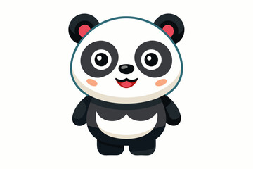 Adorable cartoon illustration of a standing panda with big round eyes, blushing cheeks, and a happy smile, set against a soft pastel background.