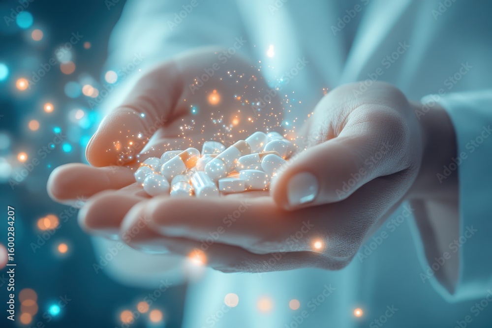 Poster scientist holds a handful of white capsules with glowing particles in a lab setting