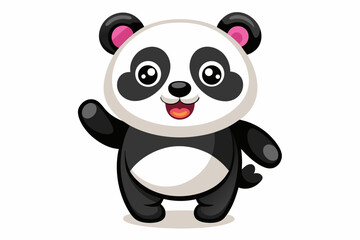 Fototapeta premium Adorable cartoon illustration of a standing panda with big round eyes, blushing cheeks, and a happy smile, set against a soft pastel background. 