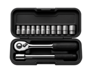 Compact automotive tool kit with a ratchet wrench and various metric sockets for a home garage.