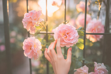 Gentle touch on pink roses in sunlit garden setting