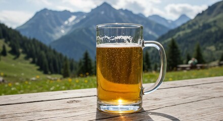 Glass of beer on wooden table with mountain landscape background, International Beer Day  