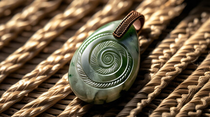 Maori (New Zealand) Culture: Macro shot of a carved greenstone (pounamu) pendant with intricate koru designs, placed on woven flax (harakeke) matting, in natural light.