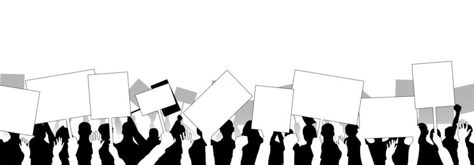 Silhouette crowd of demonstrators raising blank protest signs. Editable vector art for activism, revolution, or social movements themes.