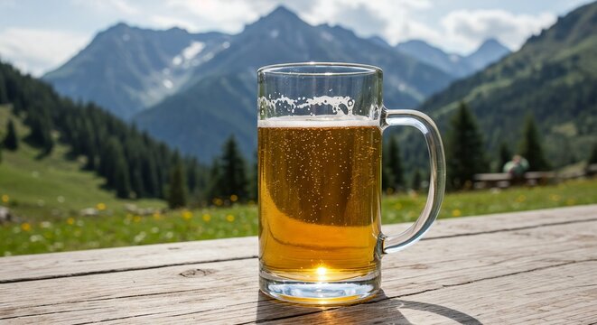 Glass of beer on wooden table with mountain landscape background, International Beer Day