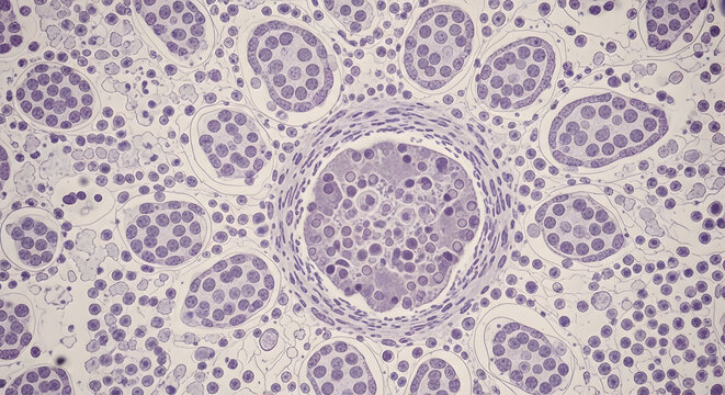 Microscopic view of seminiferous tubules with spermatogonia and spermatocytes in cross section