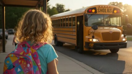Rear view of a young Caucasian girl with a colorful backpack waiting for the yellow school bus in the morning sun. Back to school concept.
