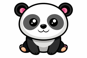 Adorable cartoon illustration of a standing panda with big round eyes, blushing cheeks, and a happy smile, set against a soft pastel background. 