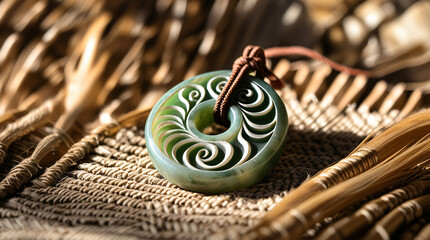 Maori (New Zealand) Culture: Macro shot of a carved greenstone (pounamu) pendant with intricate koru designs, placed on woven flax (harakeke) matting, in natural light.