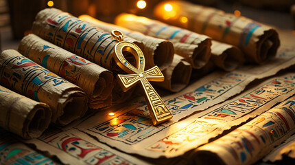 Egyptian Culture: A symbolic ankh amulet resting on ancient-looking papyrus scrolls with hieroglyphics, lit with golden ambient light to evoke a mystical feel.