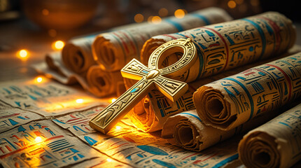 Egyptian Culture: A symbolic ankh amulet resting on ancient-looking papyrus scrolls with hieroglyphics, lit with golden ambient light to evoke a mystical feel.