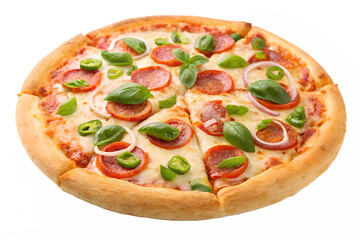 A freshly baked pepperoni pizza topped with savory slices, fresh basil, and melted mozzarella cheese on a wooden platter, isolated on a white background.