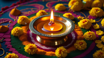 Indian Culture: vibrant display of a brass diya (oil lamp) lit during Diwali, surrounded by marigold flowers and rangoli patterns, with deep shadows highlighting the cultural richness.