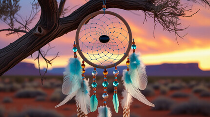 Native American Culture (Navajo): A handmade dreamcatcher hanging against a desert sunset background, with feathers and beads swaying gently, capturing the spiritual symbolism and landscape harmony.