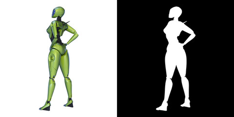 Futuristic green humanoid robot on split background