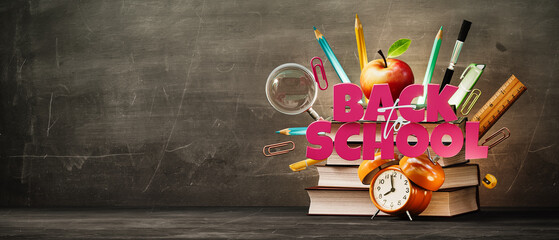 School accessories with books and Back To School text on blackboard background with copy space. 3D Rendering, 3D Illustration
