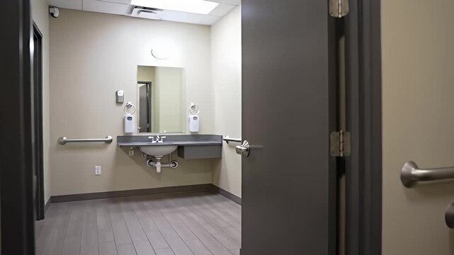 Open bathroom door reveals accessible sink and safety bars in a neutral toned interior
