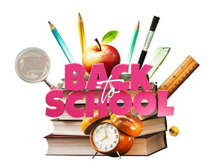 School accessories with books and Back To School text isolated on white background. 3D Rendering, 3D Illustration