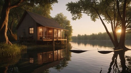 a classic wooden house on the river surrounded by lush greenery