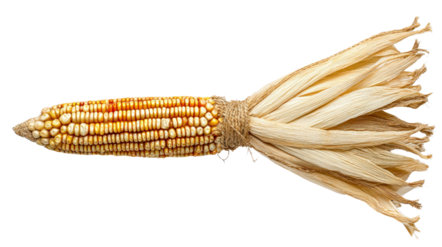 Decorative composition of corn cob with husk fanned out isolated on a Transparent background, PNG file.