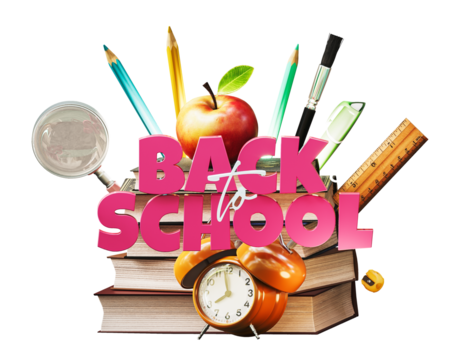 School accessories with books and Back To School text isolated on white background. 3D Rendering, 3D Illustration