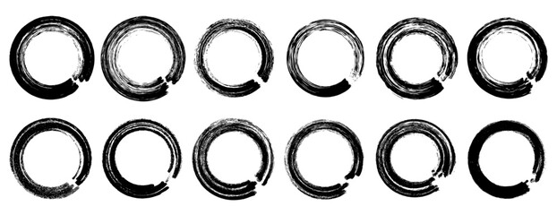 Grunge round and circle stamp frame set with rough ink borders, hand drawn rubber stamp style, empty shapes for graphic design template or poster layout