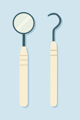 Dental mirror and explorer hook tools, flat vector illustration of dental examination instruments