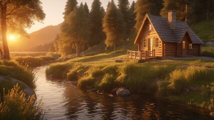 a small wooden house near the lake and have lush greenery in background brighten up by the shine of rising sun