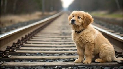 Adorable golden retriever puppy sits patiently on railroad tracks, looking up hopeful