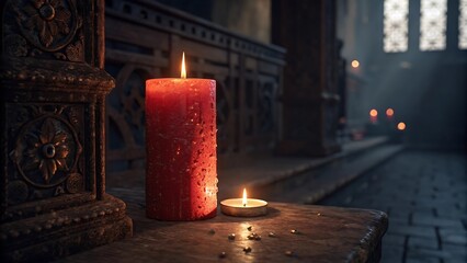 Warm candlelight flickers on ornate stone altar in dimly lit sacred space