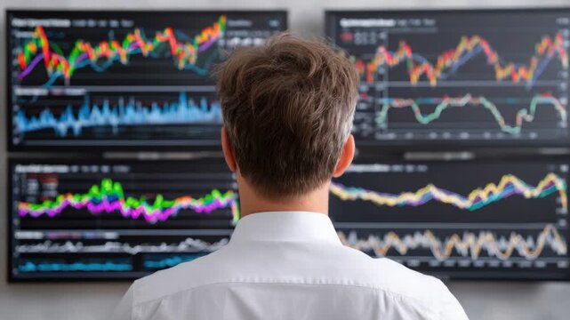 Financial Data Analysis: A focused individual immersed in the world of finance, analyzing intricate market data with focused eyes and an analytical mind. The scene embodies dedication
