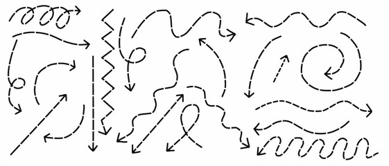 Set of dashed line arrows vector illustration. Hand drawn Dash line arrows doodle set. Dotted zigzag arrow stripes, curved pointers