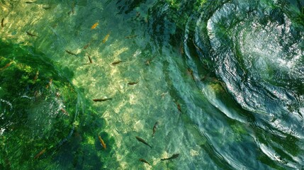 Underwater Realm: A captivating aerial shot showcases the ethereal beauty of an underwater world. The water's crystal-clear surface dances with light and shadow.