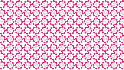 Repeating pattern of white circles with swirls surrounded by pink heart shapes on white background