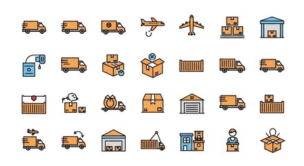 Vibrant Line Icon Set for Global Logistics, Shipping, and Delivery Services